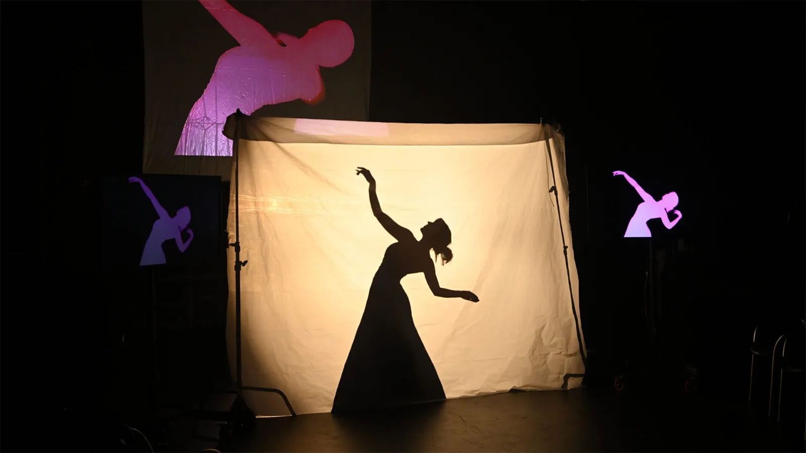 Student performer's silhouette projected onto a lit canvas, surrounded by screens and projections of colorful silhouettes in similar, yet different poses.