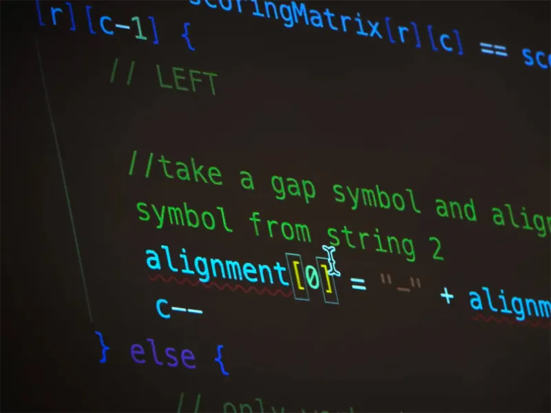 Code on a computer screen, colored in blue, green, and purple.