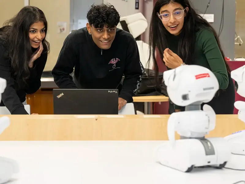Students work in the JPMorgan Chase and Co. AI Maker Space that aims to accelerate student research and experiences with artificial intelligence.