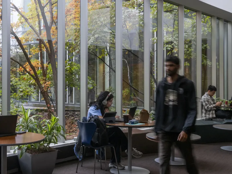 A student walks past a long window as other students study.