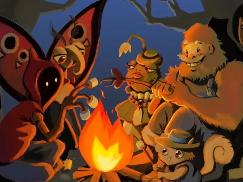 Whimsical creatures gather around a campfire in a forest, roasting marshmallows. The scene is warm and friendly, with a night sky background.