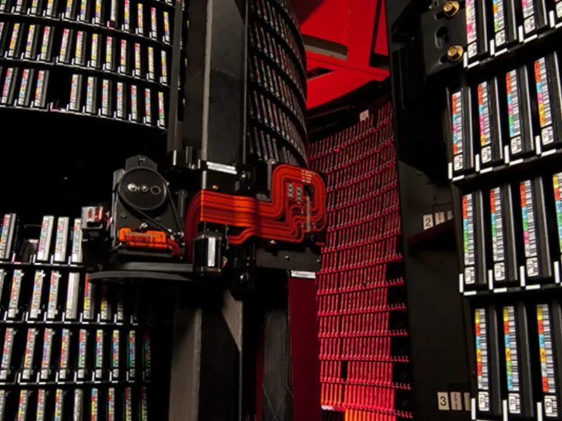 A large, circular data storage system filled with rows of multicolored tape cartridges, illuminated by red lighting, creating a high-tech atmosphere.