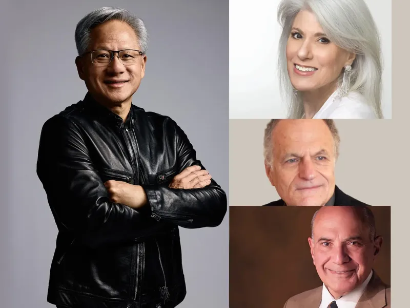 A man in a black leather jacket smiles with arms crossed on the left. On the right are headshots of three people: a woman with silver hair, and two men in suits, all smiling.