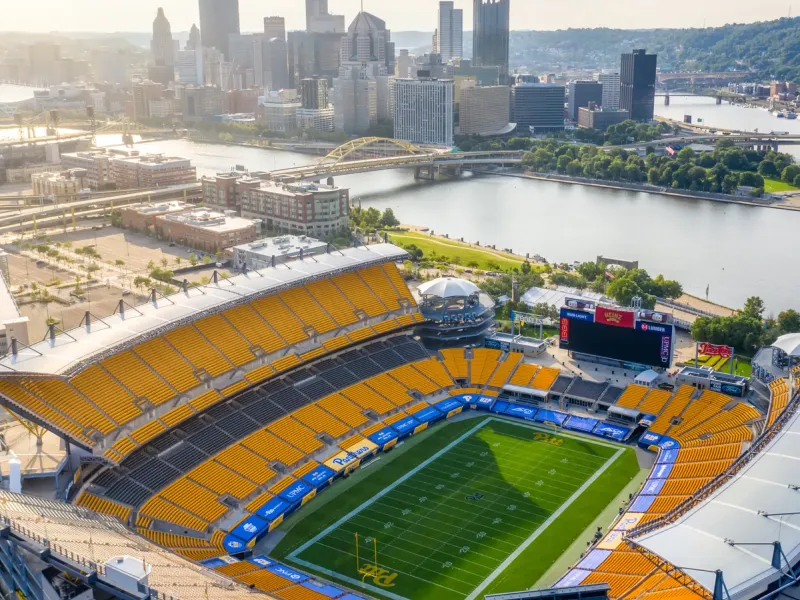 Aerial view of Pittsburgh overlooking the football stadium